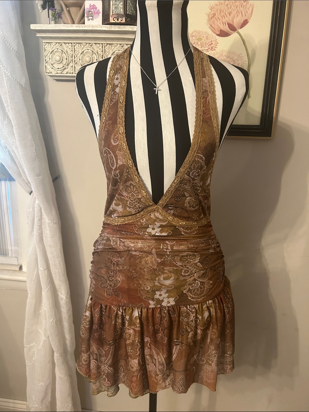 Y2K Brown Paisley Halter Mini Dress